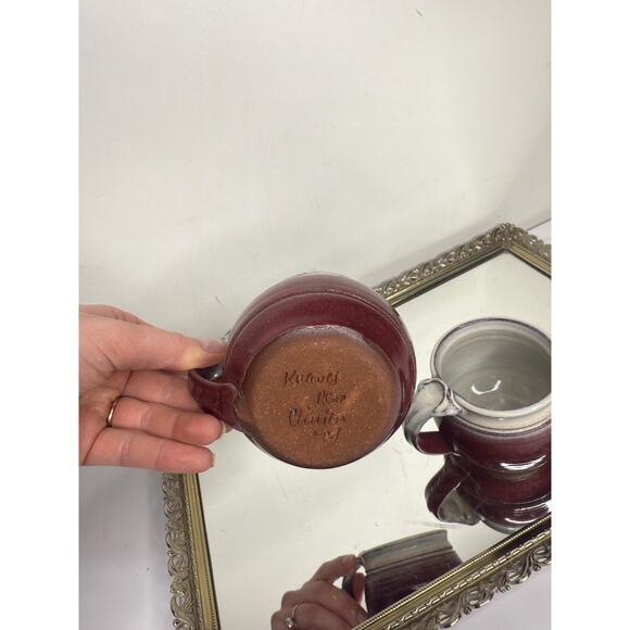 Beautiful Studio Art Pottery Mugs Pair of 2 Drip Glaze Artist Signed Red Cream - Picture 4 of 10